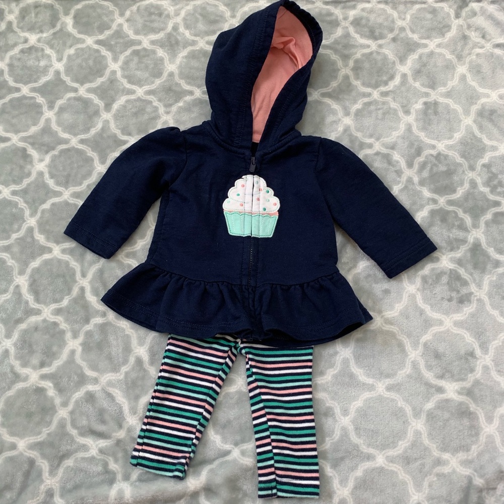 Carters 0-3 Mo Baby Girl Cupcake Hoodie Pants Set